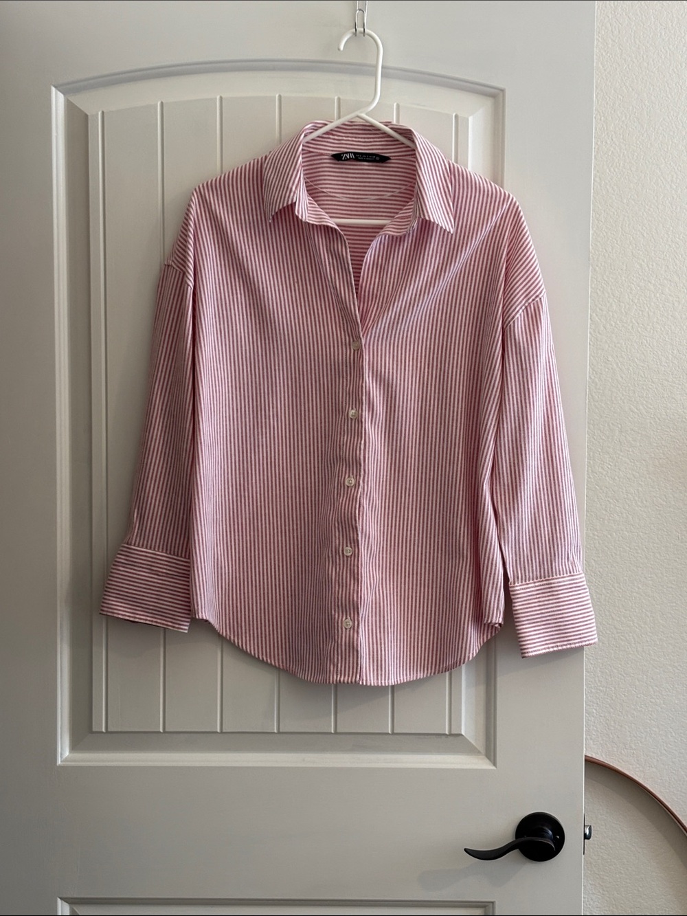Zara Pink and White Striped Button-Up Blouse